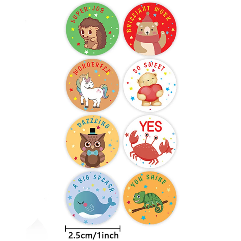 50-500Pcs Round English Cartoon Animal Stickers Teacher Reward Students Stickers Self-adhesive Stationery Stickers