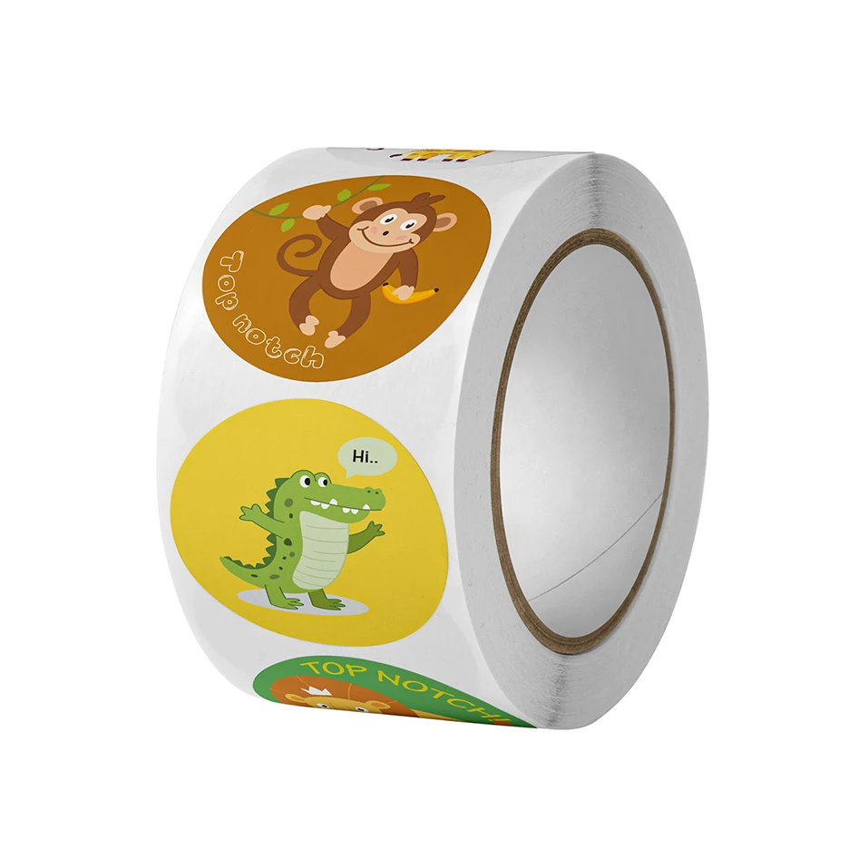 50-500Pcs Round English Cartoon Animal Stickers Teacher Reward Students Stickers Self-adhesive Stationery Stickers