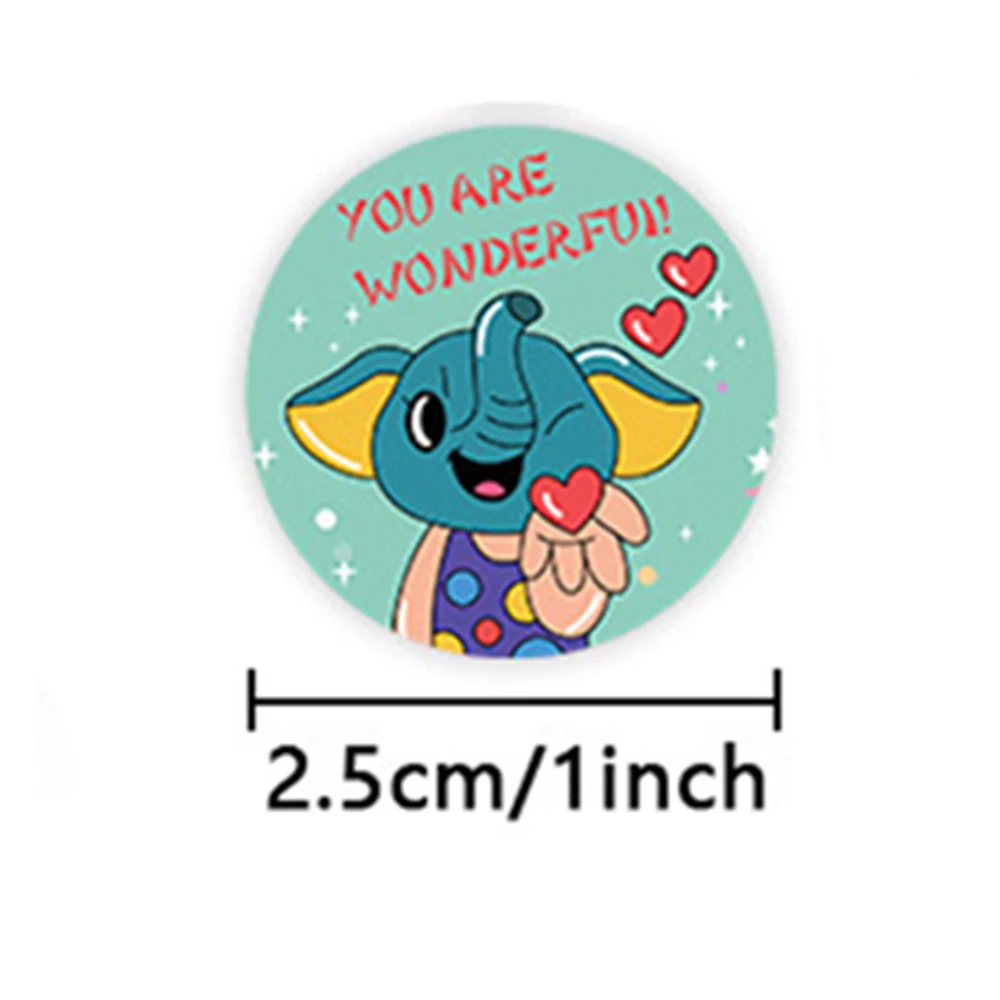 50-500Pcs Round English Cartoon Animal Stickers Teacher Reward Students Stickers Self-adhesive Stationery Stickers