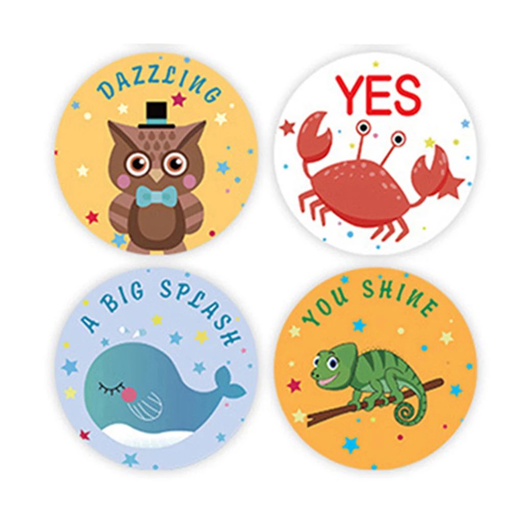 50-500Pcs Round English Cartoon Animal Stickers Teacher Reward Students Stickers Self-adhesive Stationery Stickers