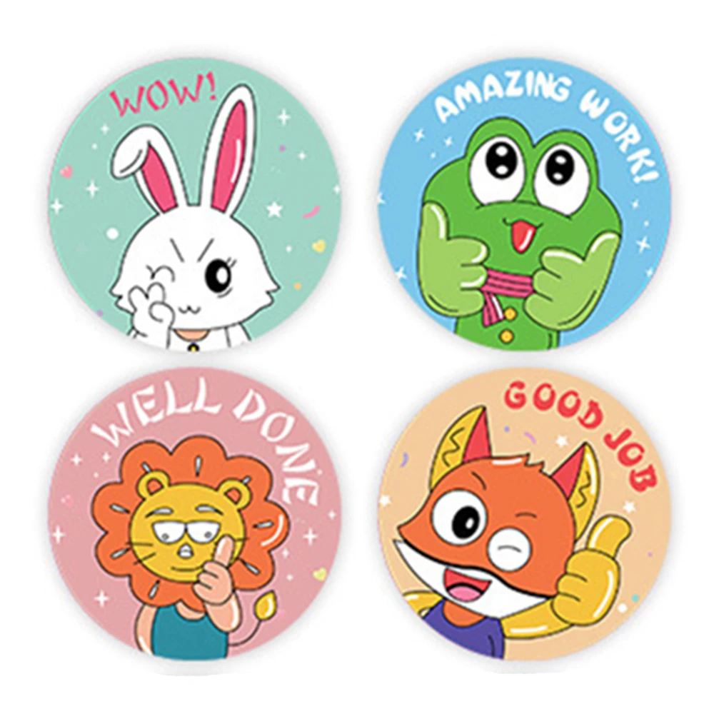 50-500Pcs Round English Cartoon Animal Stickers Teacher Reward Students Stickers Self-adhesive Stationery Stickers