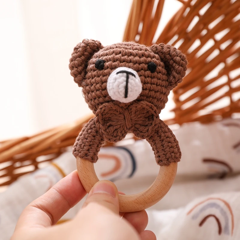 1PC Crochet Animal Bear Rattle Toy Soother Bracelet Wooden Teether Ring Baby Product Mobile Pram Crib Wooden Toys Newborn Gifts