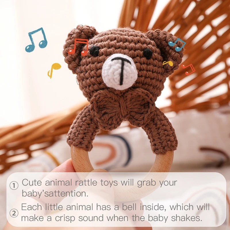1PC Crochet Animal Bear Rattle Toy Soother Bracelet Wooden Teether Ring Baby Product Mobile Pram Crib Wooden Toys Newborn Gifts