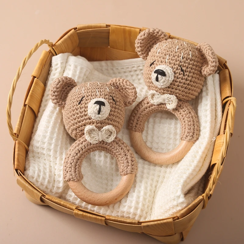 1PC Crochet Animal Bear Rattle Toy Soother Bracelet Wooden Teether Ring Baby Product Mobile Pram Crib Wooden Toys Newborn Gifts