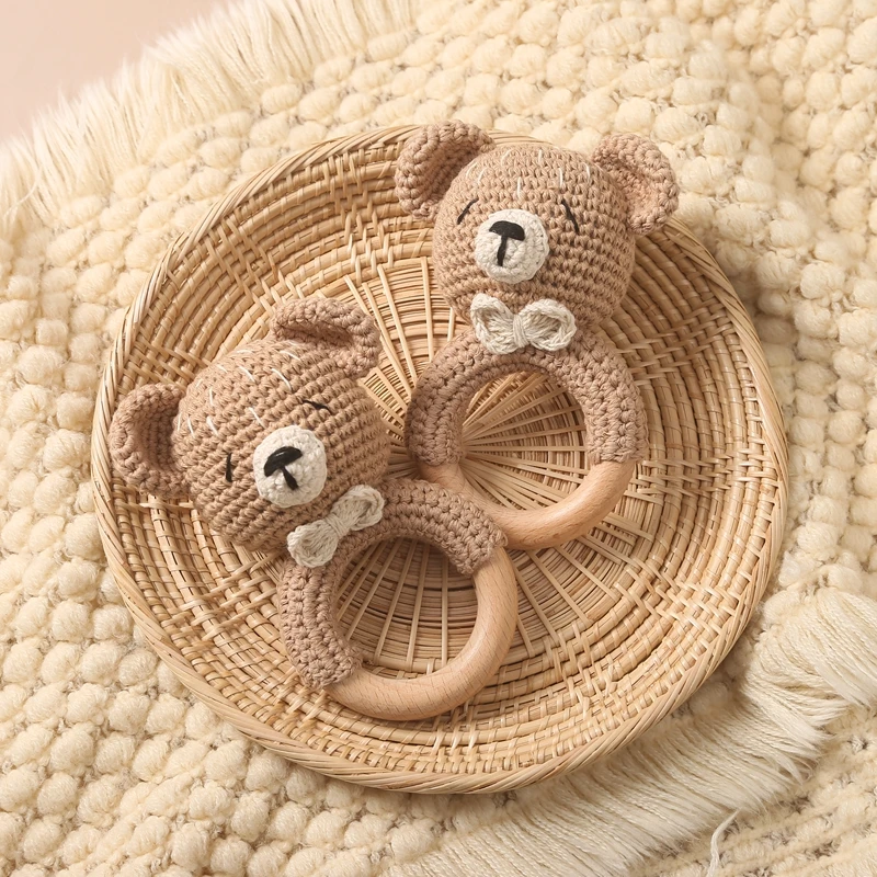 1PC Crochet Animal Bear Rattle Toy Soother Bracelet Wooden Teether Ring Baby Product Mobile Pram Crib Wooden Toys Newborn Gifts