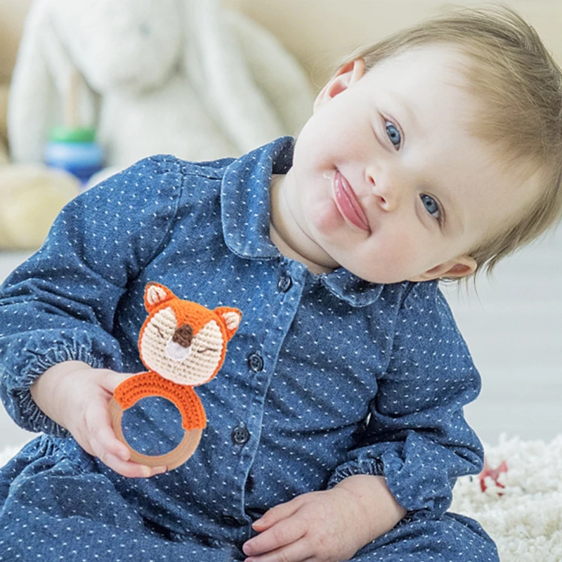 1PC Crochet Animal Bear Rattle Toy Soother Bracelet Wooden Teether Ring Baby Product Mobile Pram Crib Wooden Toys Newborn Gifts