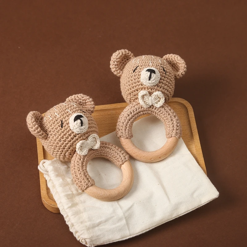 1PC Crochet Animal Bear Rattle Toy Soother Bracelet Wooden Teether Ring Baby Product Mobile Pram Crib Wooden Toys Newborn Gifts