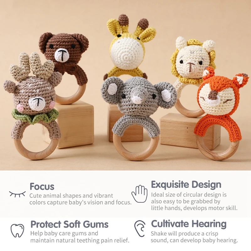 1PC Crochet Animal Bear Rattle Toy Soother Bracelet Wooden Teether Ring Baby Product Mobile Pram Crib Wooden Toys Newborn Gifts