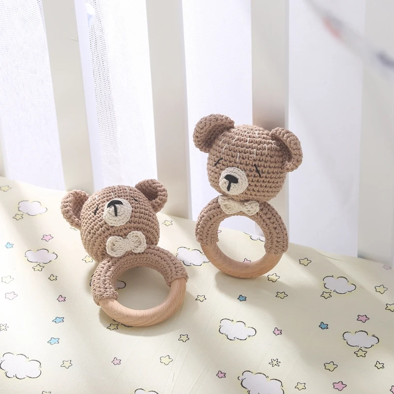 1PC Crochet Animal Bear Rattle Toy Soother Bracelet Wooden Teether Ring Baby Product Mobile Pram Crib Wooden Toys Newborn Gifts