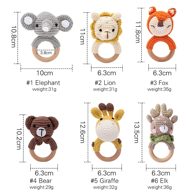 1PC Crochet Animal Bear Rattle Toy Soother Bracelet Wooden Teether Ring Baby Product Mobile Pram Crib Wooden Toys Newborn Gifts