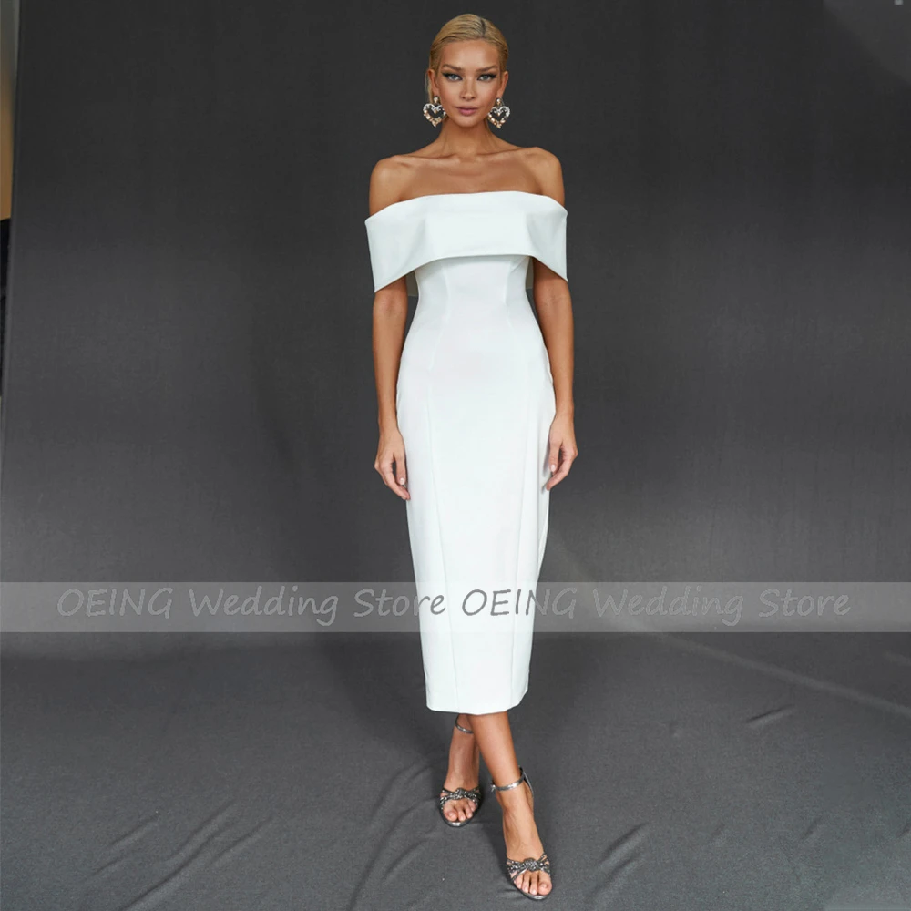 Midi Wedding Dress Simple Off the Shoulder Sheath/Column Wedding Gown For Women Bride Backless Short Bridal Reception Dress