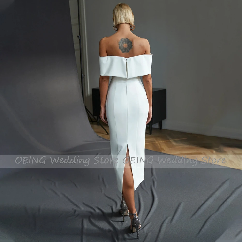 Midi Wedding Dress Simple Off the Shoulder Sheath/Column Wedding Gown For Women Bride Backless Short Bridal Reception Dress