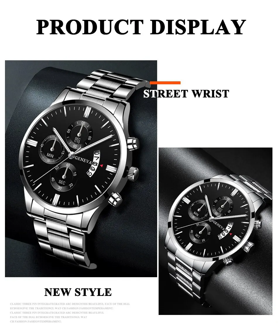 Fashion Mens Watches Luxury Silver Stainless Steel Quartz Wrist Watch Man Business Watch for Men Calendar Clock Reloj Hombre