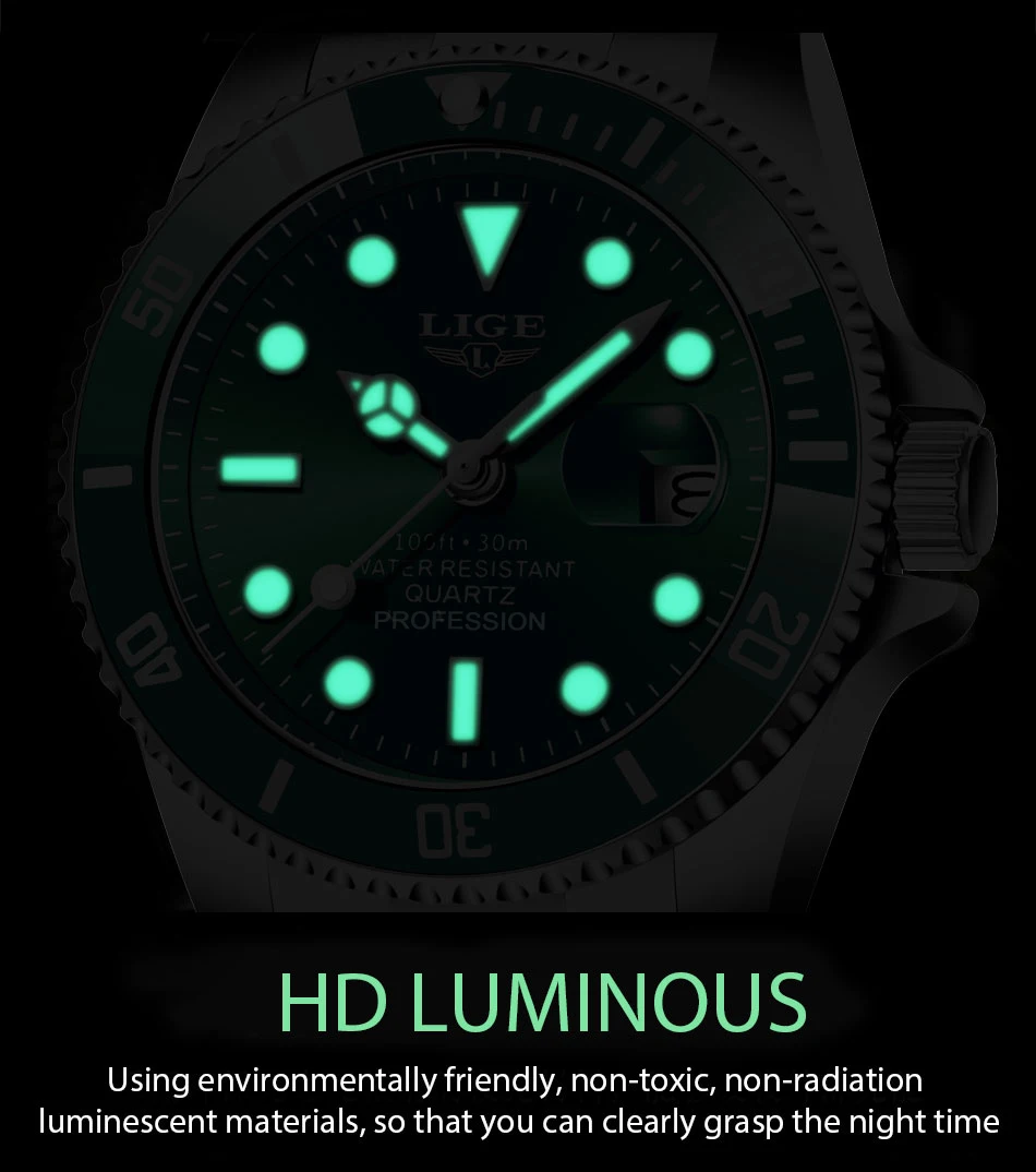 LIGE Top Brand Luxury Fashion Diver Watch Men 30ATM Waterproof Date Clock Sport Watches Mens Quartz Wristwatch Relogio Masculino