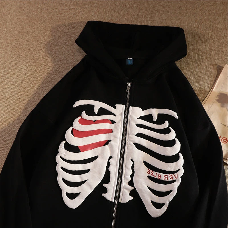 Y2K Skeleton Hoodies Women 2026 Vrouwen Gothic Zwart Zip Up Oversized Sweatshirt Dames Retro Harajuku Capuchon Streetwear Tops