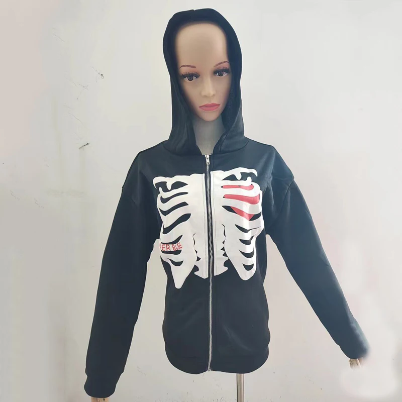 Y2K Skeleton Hoodies Women 2026 Vrouwen Gothic Zwart Zip Up Oversized Sweatshirt Dames Retro Harajuku Capuchon Streetwear Tops
