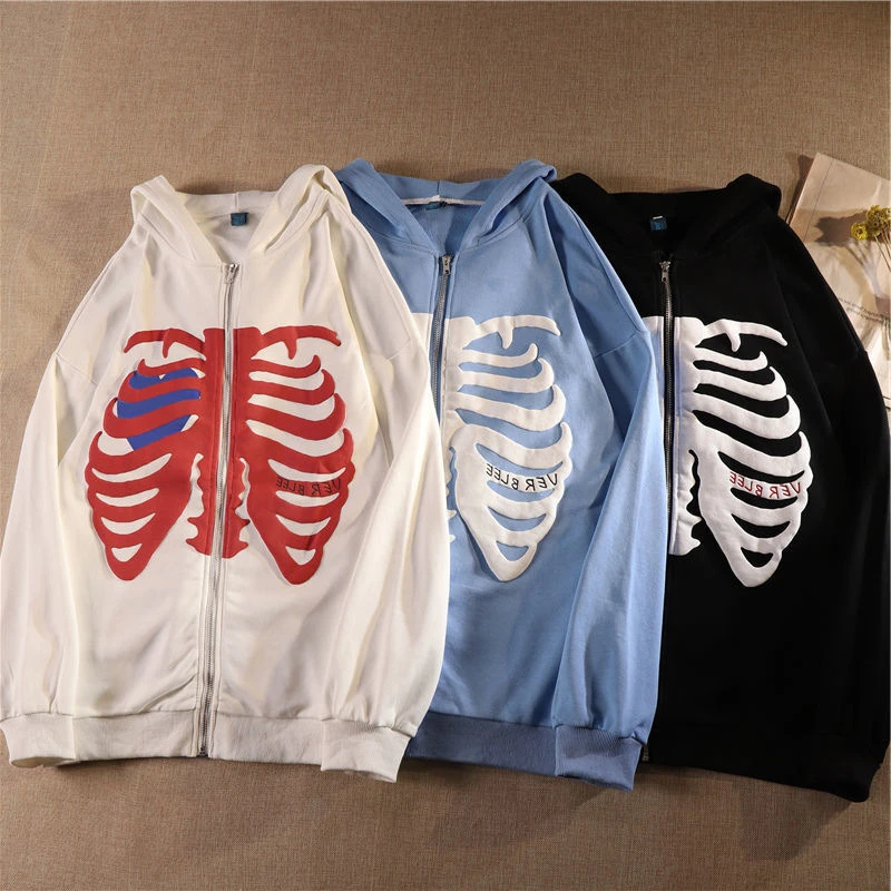 Y2K Skeleton Hoodies Women 2026 Vrouwen Gothic Zwart Zip Up Oversized Sweatshirt Dames Retro Harajuku Capuchon Streetwear Tops