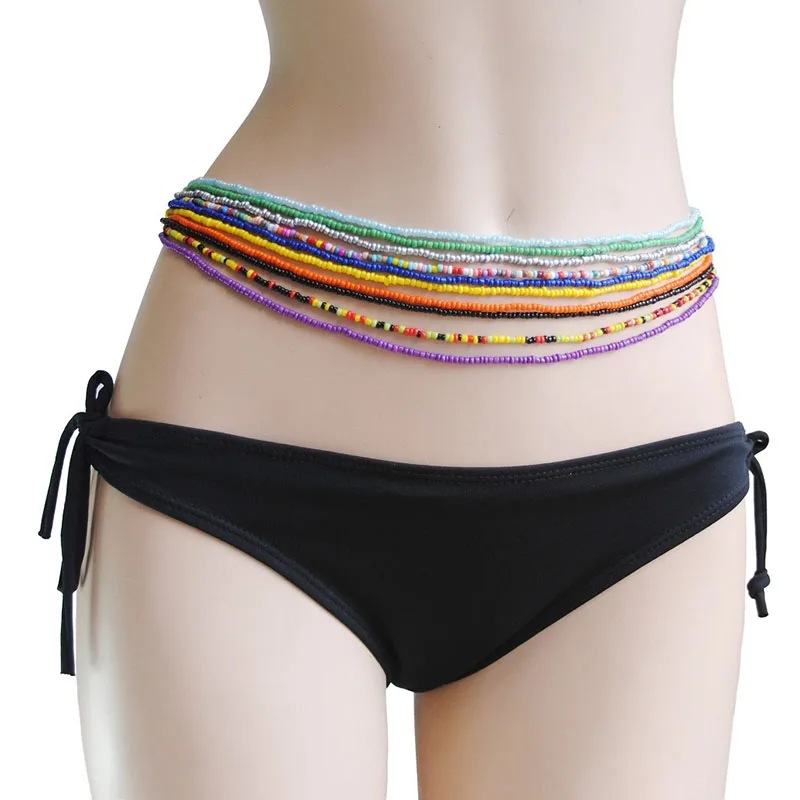 2 Pcs Sexy Summer Waist Bead Chains African Belly Beads Colorful Beach Bikini Body Belly Chain Elastic Jewelry for Women Girls