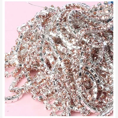 1yard/Piece 30Colors SS6-SS16 Glass Crystal Rhinestone Chain Silver Bottom Sew on Cup Chains For Diy Garment Bags Decorations