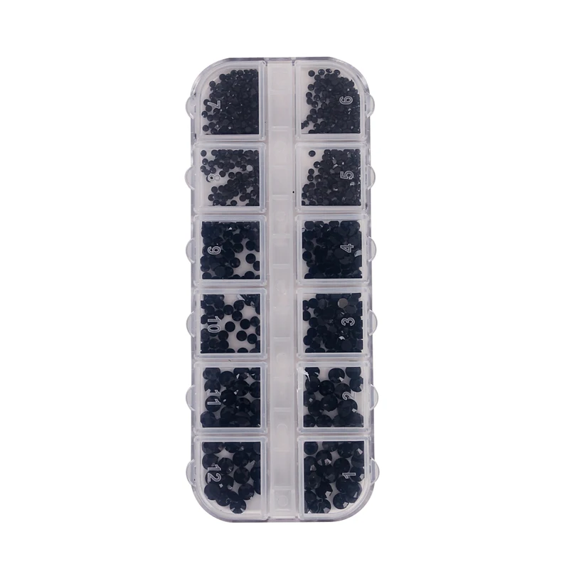 Multi-Size Black Rhinestone Crystals Flat Bottom Glass Gems Box for Manicure 3D Decoration DIY Craft