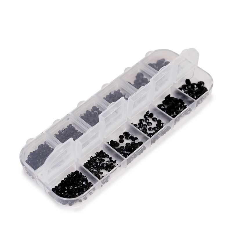 Multi-Size Black Rhinestone Crystals Flat Bottom Glass Gems Box for Manicure 3D Decoration DIY Craft