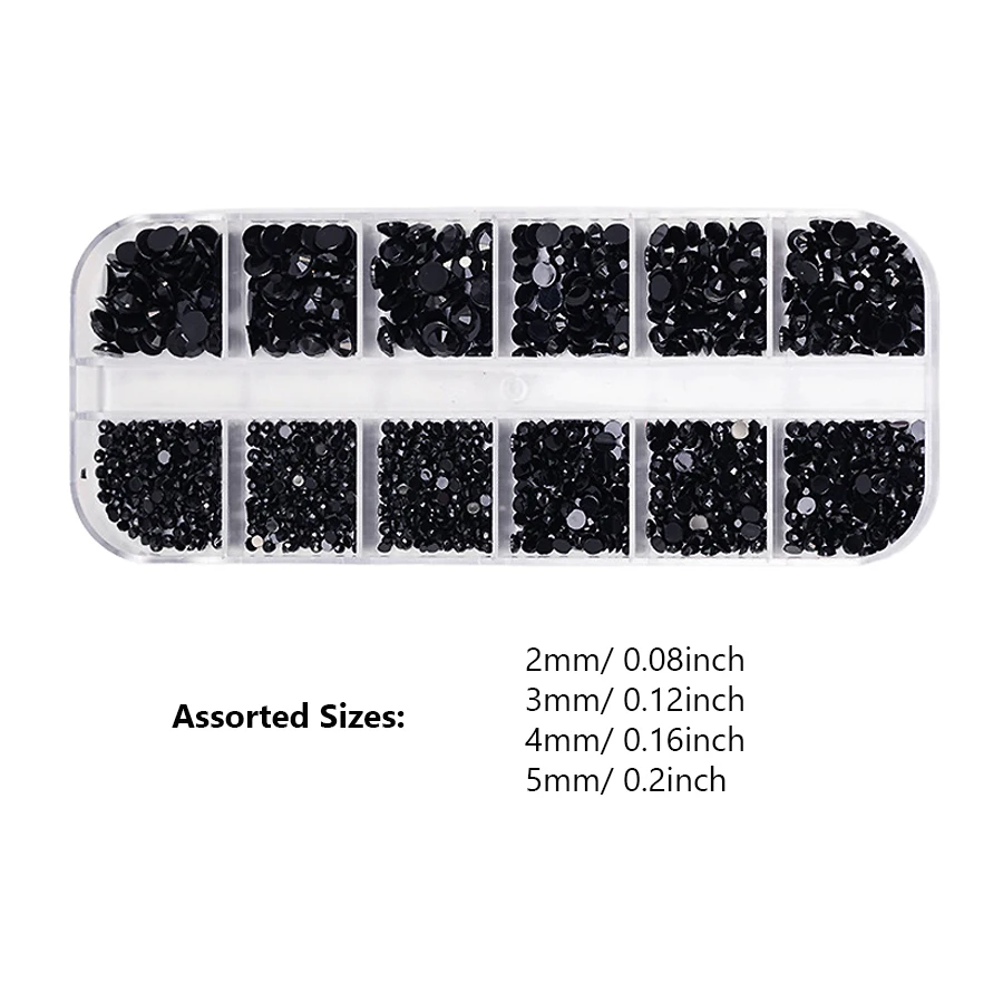 Multi-Size Black Rhinestone Crystals Flat Bottom Glass Gems Box for Manicure 3D Decoration DIY Craft