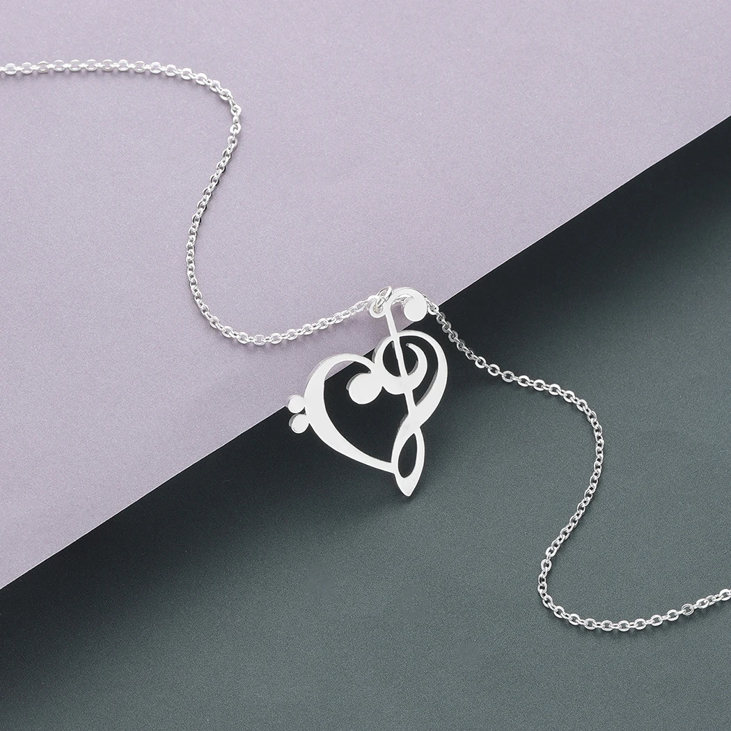 Kinitial Simple Design Treble and Bass Clef Heart Pendant Necklace Chain for Gift Charm Heart Music Teacher Necklaces Jewelry