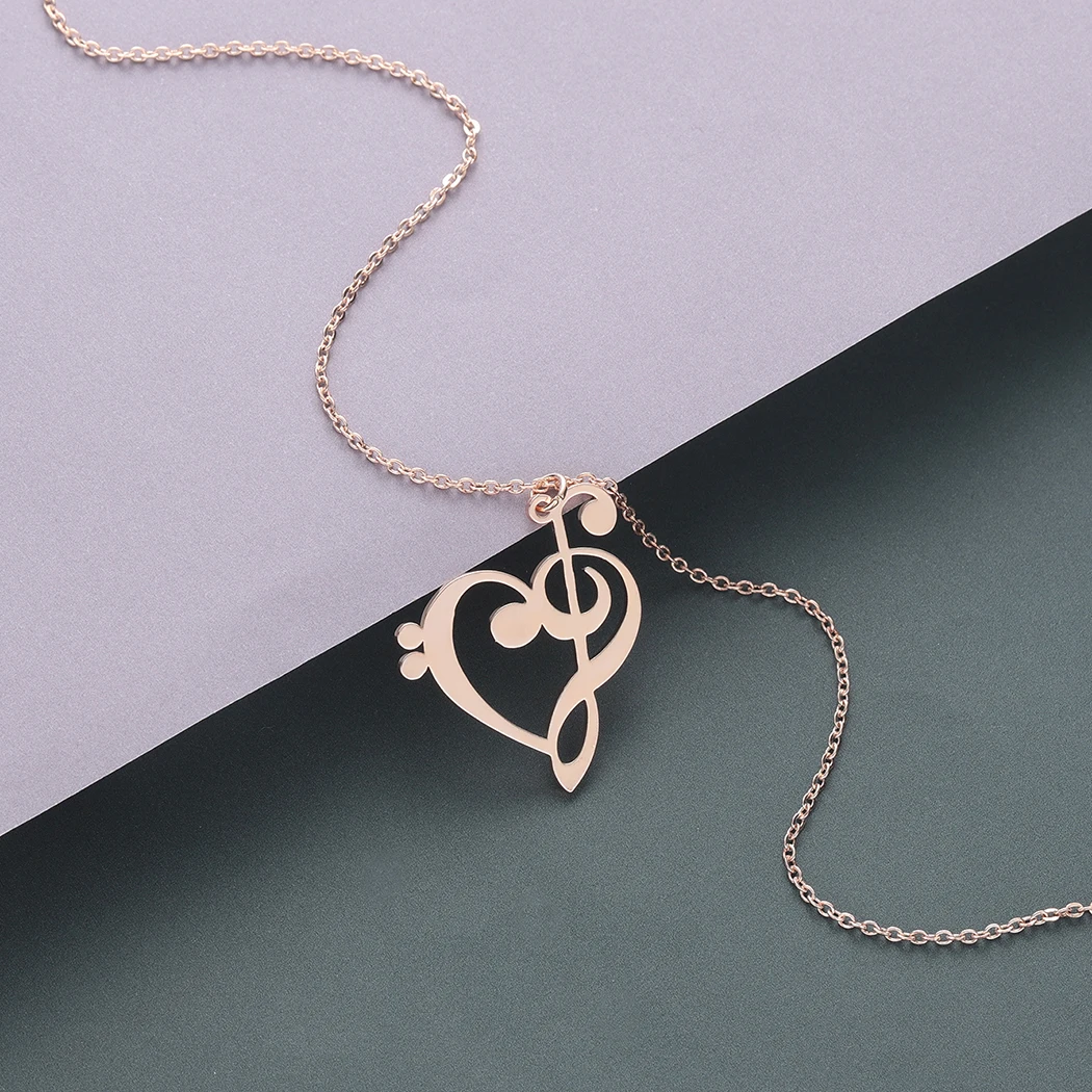 Kinitial Simple Design Treble and Bass Clef Heart Pendant Necklace Chain for Gift Charm Heart Music Teacher Necklaces Jewelry