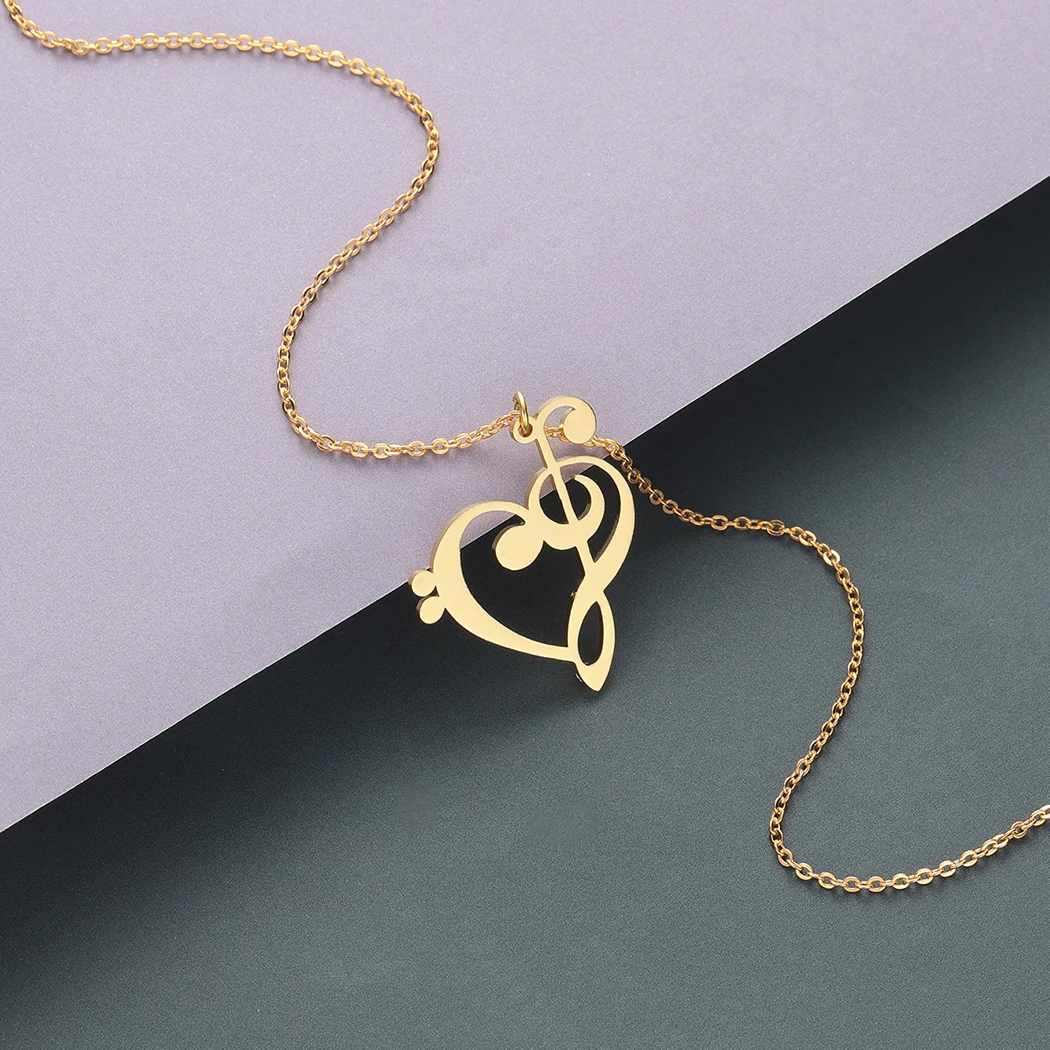 Kinitial Simple Design Treble and Bass Clef Heart Pendant Necklace Chain for Gift Charm Heart Music Teacher Necklaces Jewelry