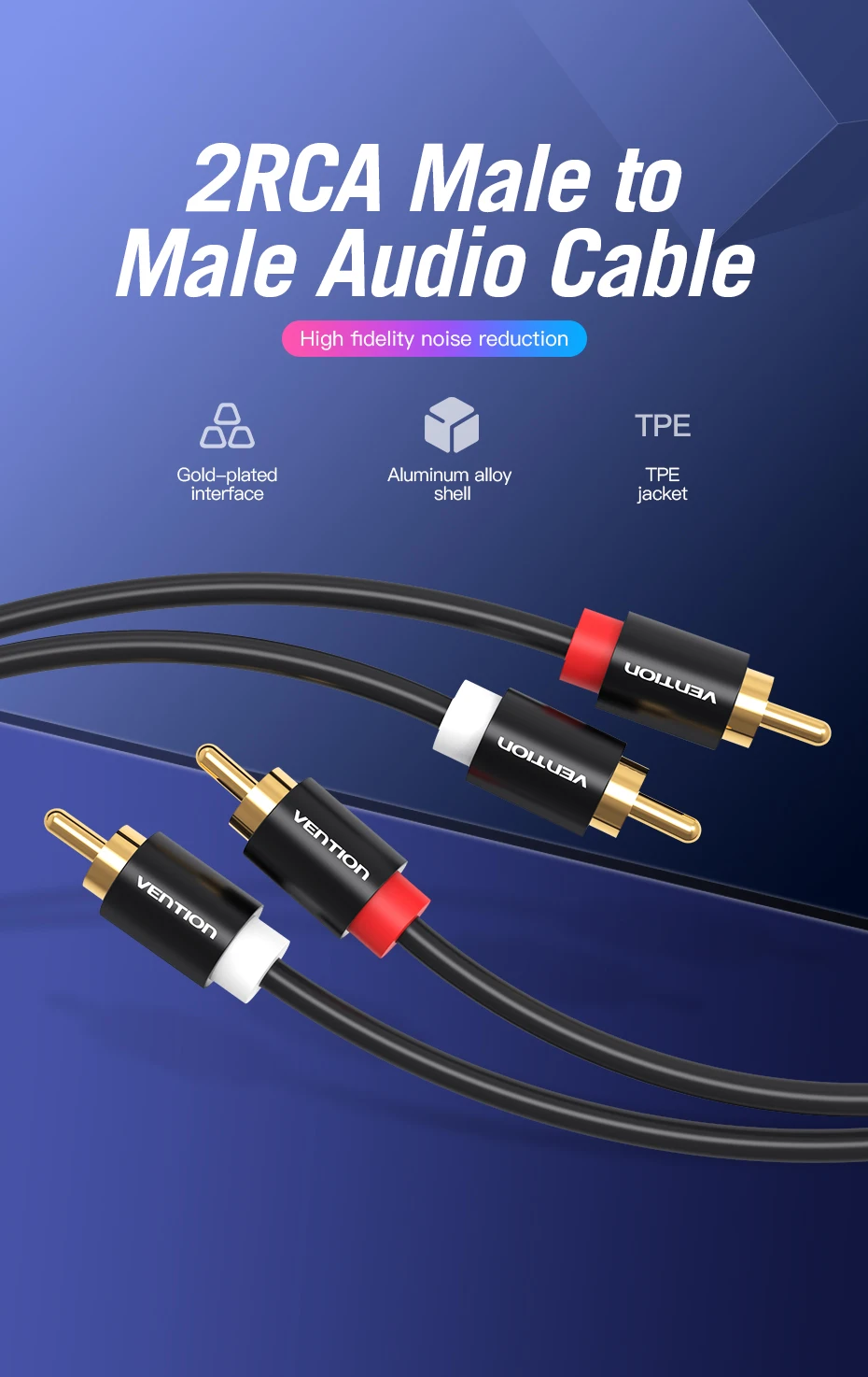 Vention 2RCA to 2RCA Audio Cable Gold-Plated 2RCA Male to Male Aux Cable 1m 2m for TV Amplifier Home Theater Speaker Cable RCA