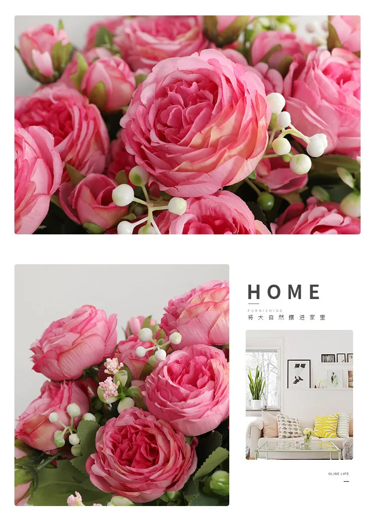 30cm Rose Pink Silk Peony Artificial Flowers Bouquet 5 Big Head and 4 Bud Cheap Fake Flowers for Home Wedding Decoration Indoor