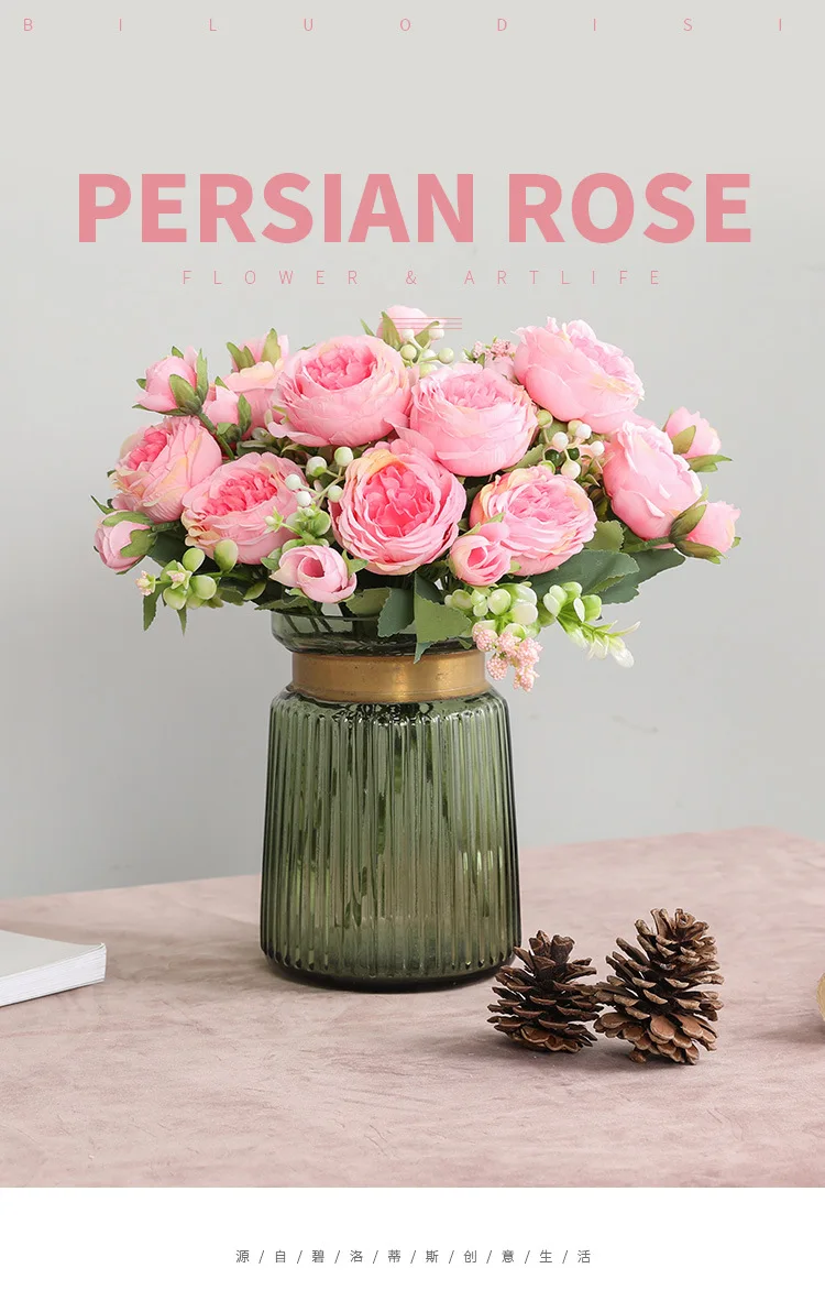 30cm Rose Pink Silk Peony Artificial Flowers Bouquet 5 Big Head and 4 Bud Cheap Fake Flowers for Home Wedding Decoration Indoor
