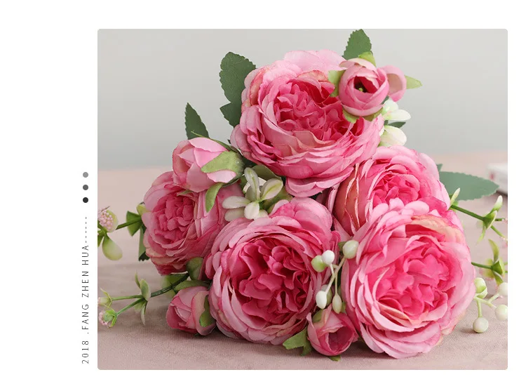 30cm Rose Pink Silk Peony Artificial Flowers Bouquet 5 Big Head and 4 Bud Cheap Fake Flowers for Home Wedding Decoration Indoor