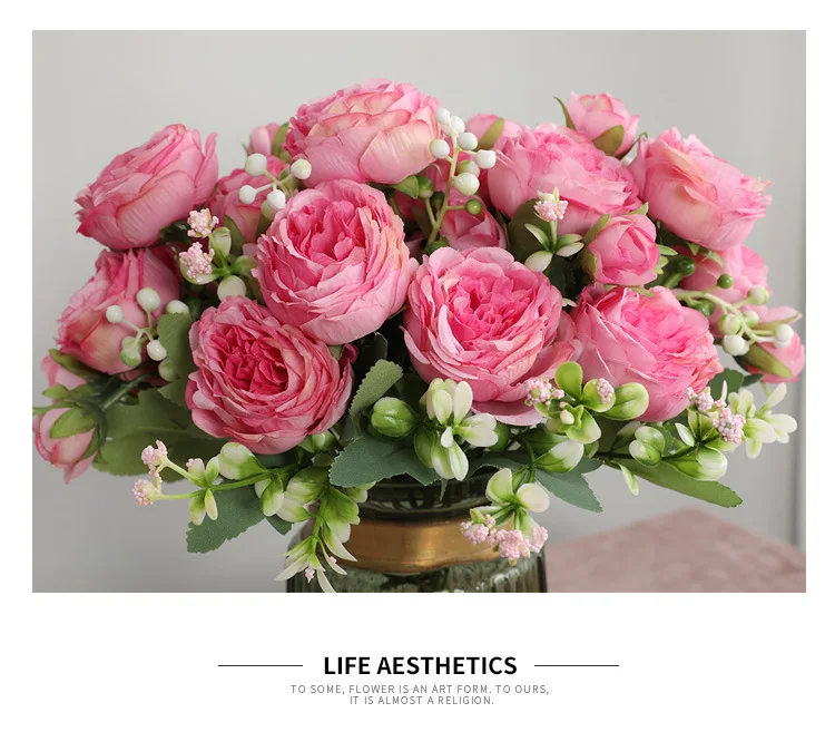 30cm Rose Pink Silk Peony Artificial Flowers Bouquet 5 Big Head and 4 Bud Cheap Fake Flowers for Home Wedding Decoration Indoor