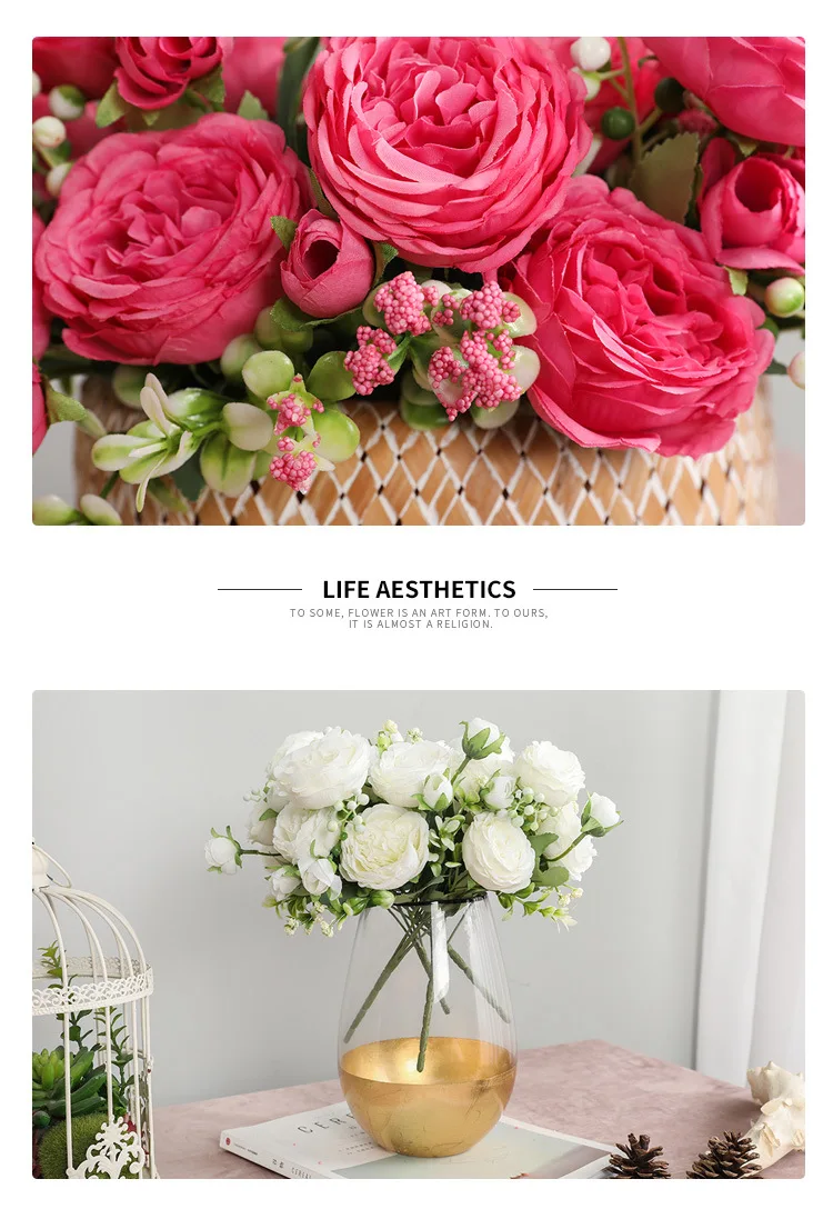 30cm Rose Pink Silk Peony Artificial Flowers Bouquet 5 Big Head and 4 Bud Cheap Fake Flowers for Home Wedding Decoration Indoor