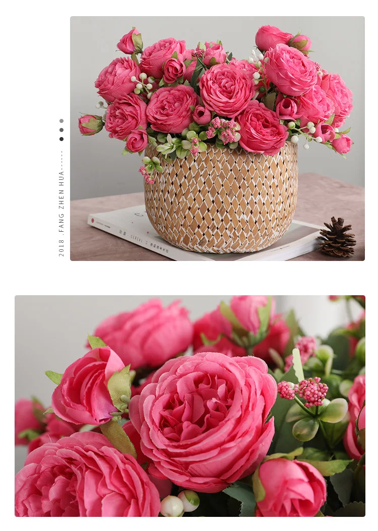 30cm Rose Pink Silk Peony Artificial Flowers Bouquet 5 Big Head and 4 Bud Cheap Fake Flowers for Home Wedding Decoration Indoor
