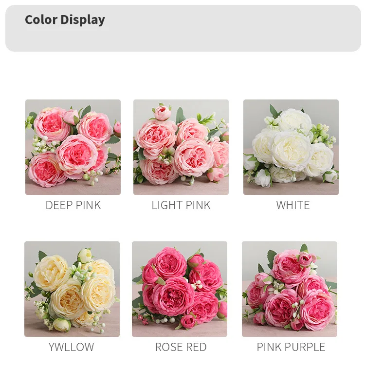 30cm Rose Pink Silk Peony Artificial Flowers Bouquet 5 Big Head and 4 Bud Cheap Fake Flowers for Home Wedding Decoration Indoor