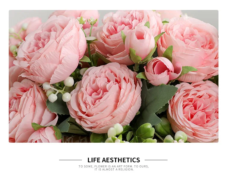 30cm Rose Pink Silk Peony Artificial Flowers Bouquet 5 Big Head and 4 Bud Cheap Fake Flowers for Home Wedding Decoration Indoor