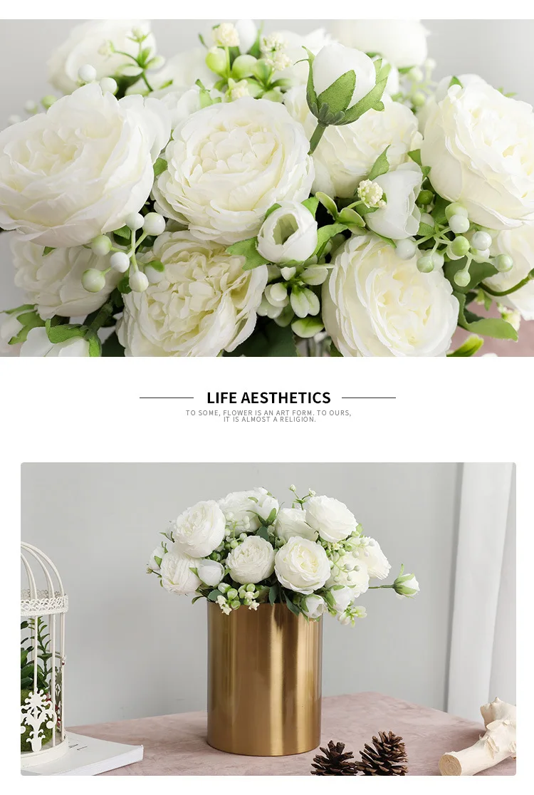 30cm Rose Pink Silk Peony Artificial Flowers Bouquet 5 Big Head and 4 Bud Cheap Fake Flowers for Home Wedding Decoration Indoor