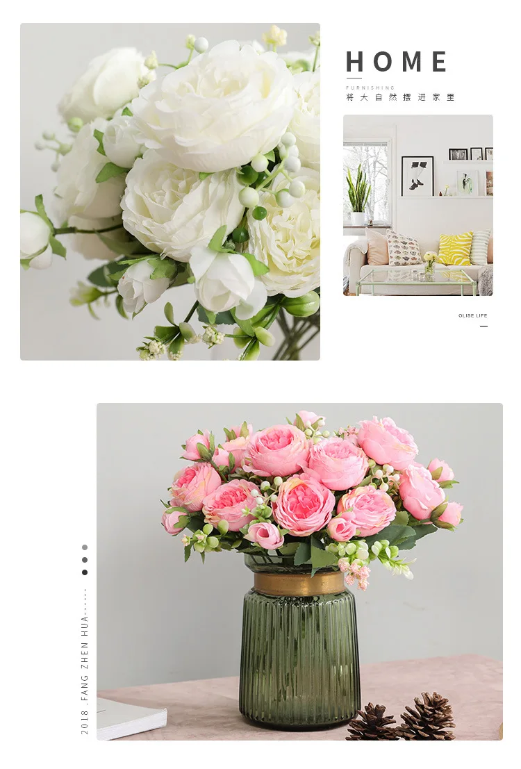 30cm Rose Pink Silk Peony Artificial Flowers Bouquet 5 Big Head and 4 Bud Cheap Fake Flowers for Home Wedding Decoration Indoor