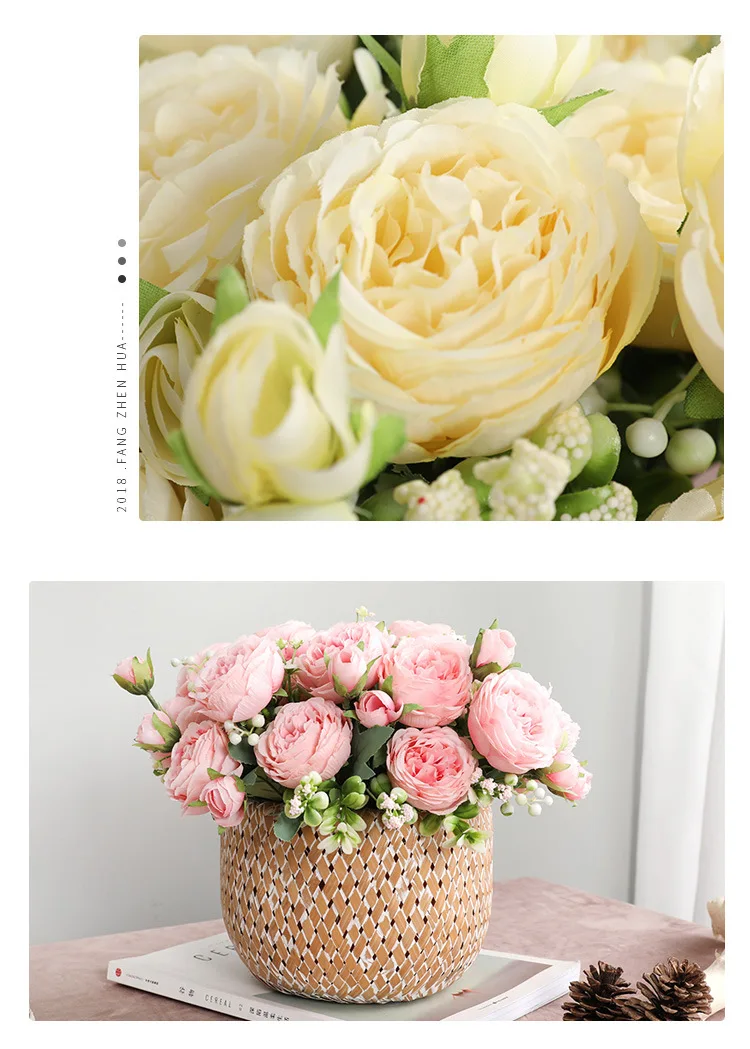 30cm Rose Pink Silk Peony Artificial Flowers Bouquet 5 Big Head and 4 Bud Cheap Fake Flowers for Home Wedding Decoration Indoor