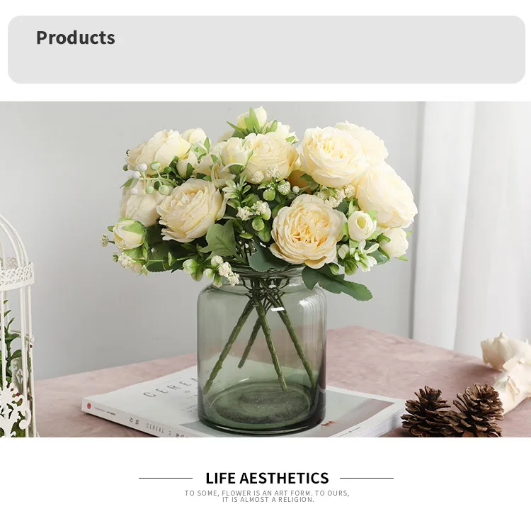 30cm Rose Pink Silk Peony Artificial Flowers Bouquet 5 Big Head and 4 Bud Cheap Fake Flowers for Home Wedding Decoration Indoor