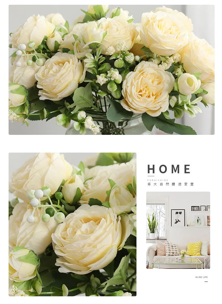 30cm Rose Pink Silk Peony Artificial Flowers Bouquet 5 Big Head and 4 Bud Cheap Fake Flowers for Home Wedding Decoration Indoor