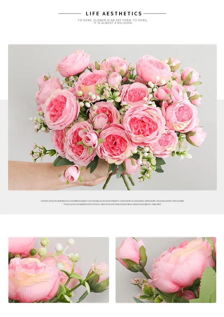30cm Rose Pink Silk Peony Artificial Flowers Bouquet 5 Big Head and 4 Bud Cheap Fake Flowers for Home Wedding Decoration Indoor