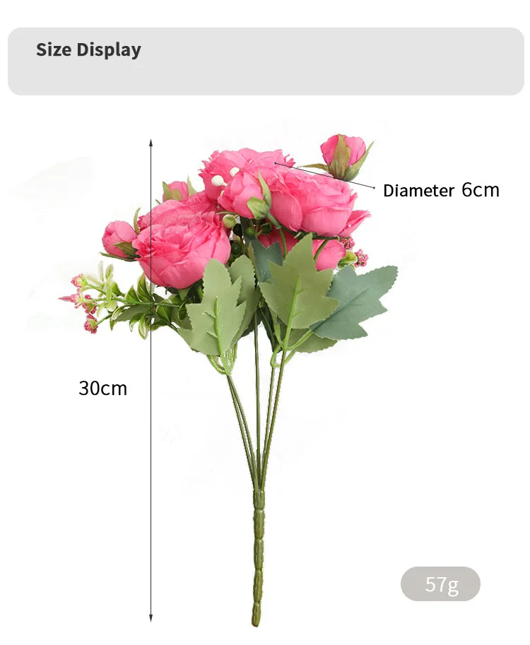 30cm Rose Pink Silk Peony Artificial Flowers Bouquet 5 Big Head and 4 Bud Cheap Fake Flowers for Home Wedding Decoration Indoor