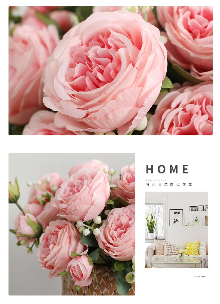 30cm Rose Pink Silk Peony Artificial Flowers Bouquet 5 Big Head and 4 Bud Cheap Fake Flowers for Home Wedding Decoration Indoor