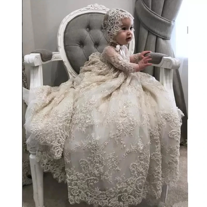 Luxury Christening Gown for Little Kids Long Sleeve Lace Pearls First Communion Dress Toddler Infant Baptism Gowns