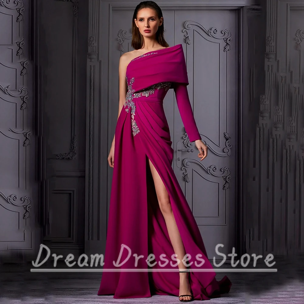 Purple Red One Shoulder Long Sleeve Evening Dress High Side Applique Pleat A-Line Floor Length Party Prom Dresses for Women