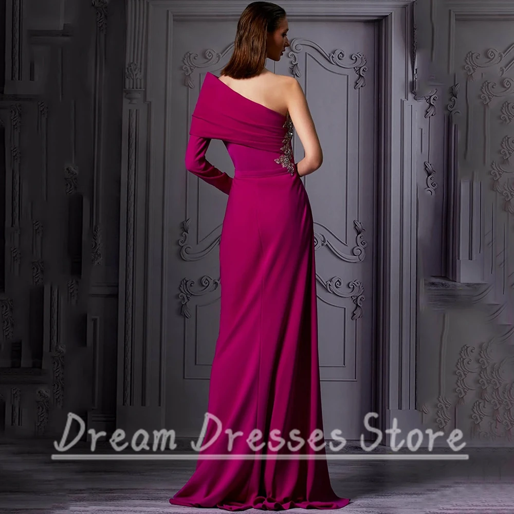 Purple Red One Shoulder Long Sleeve Evening Dress High Side Applique Pleat A-Line Floor Length Party Prom Dresses for Women