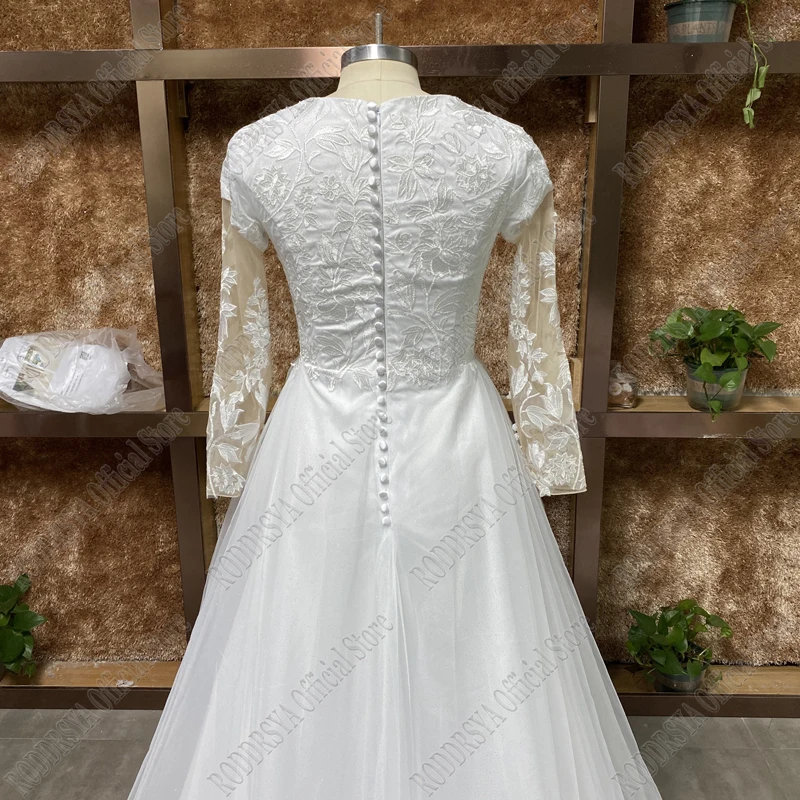 RODDRSYA Lace Wedding Dresses Long Sleeves Civil High V-neckline vestidos de novia Sparkling A-line Tulle Bridal Gown Plus Size